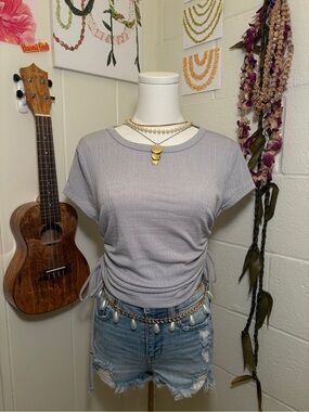 Women’s Gray Ribbed Side-Tie Top - Casual Short Sleeve